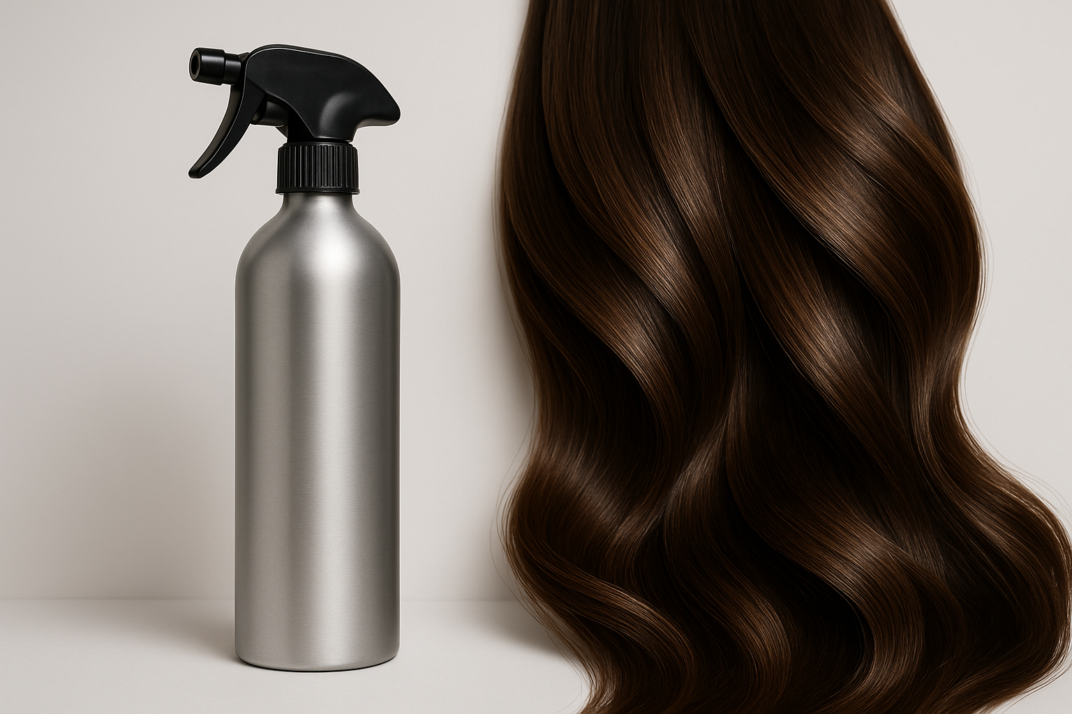 Aluminium spray bottle next to styled, healthy hair strands