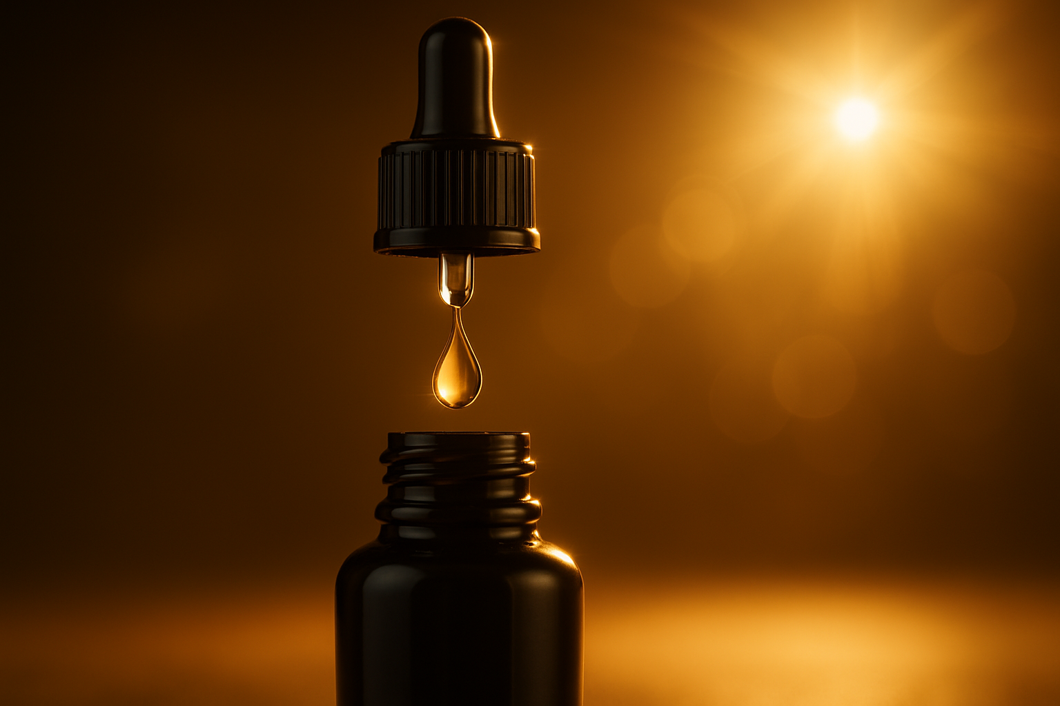 Black Dropper bottle with a drop mid-air, radiant lighting