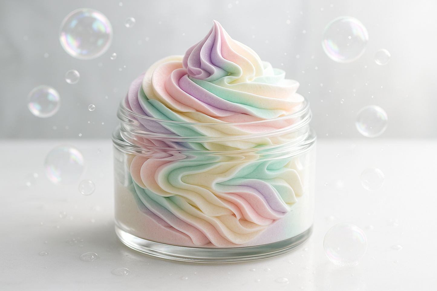 Colourful whipped soap swirls, luxe jar, water or bubbles aesthetic]