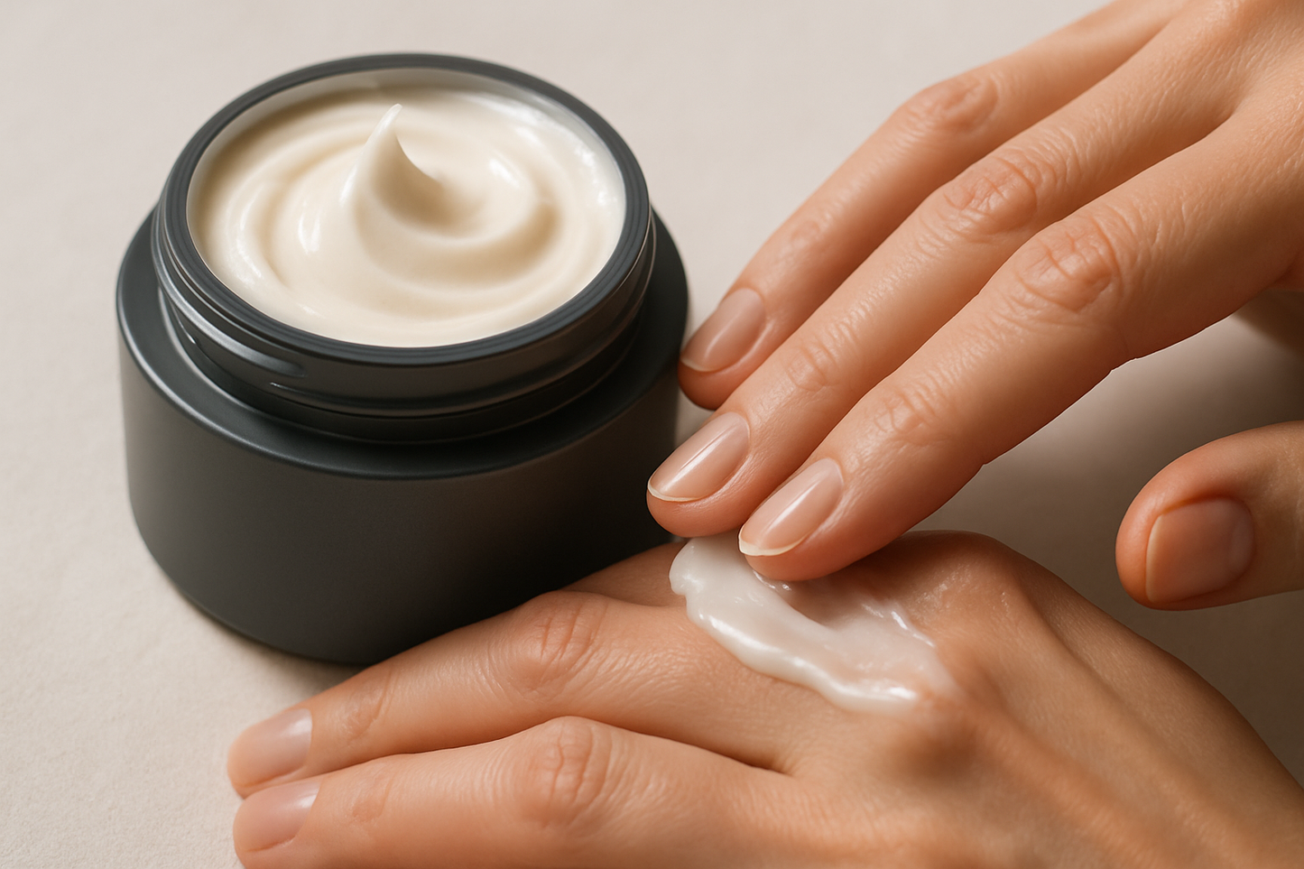 Creamy swirl in grey jar, skin application shot]

